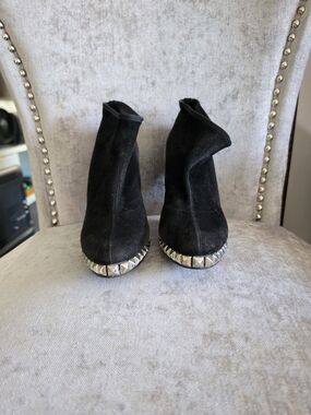 Stuart Weitzman Black Suede Ankle Booties with Silver Stud Toe